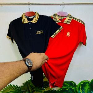 Premium Polo Shirt - 100% PK Cotton Fabric -Black & Red (Gold Collar)